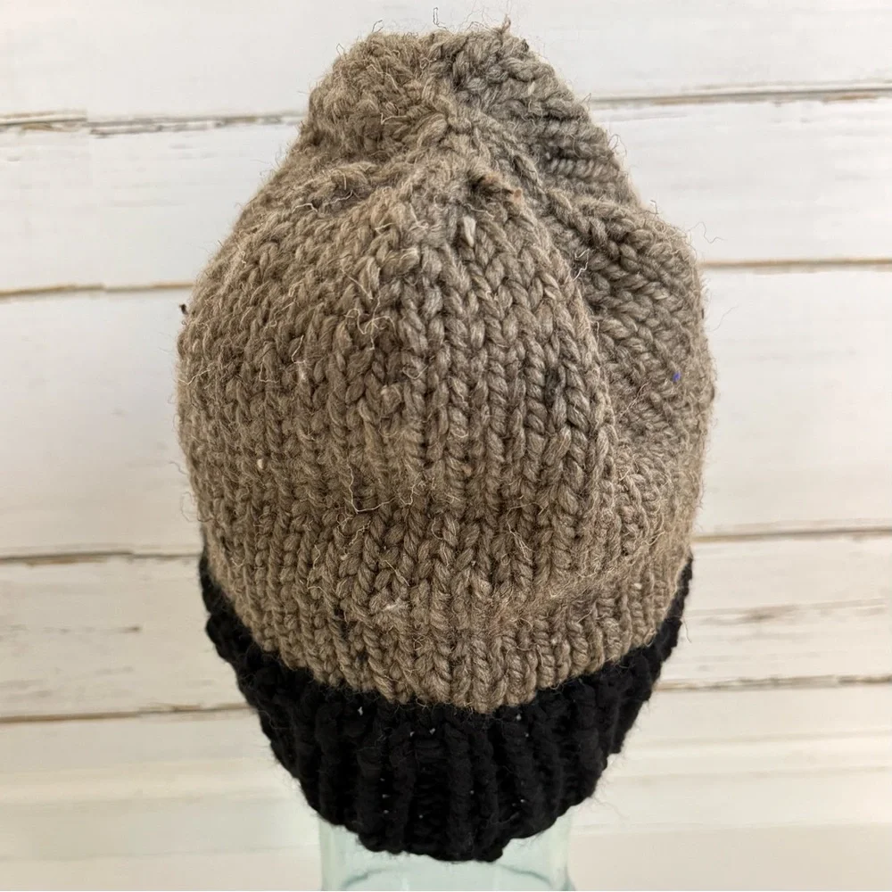 Handmade Knit Beanie – Taupe & Black Cozy Winter Hat